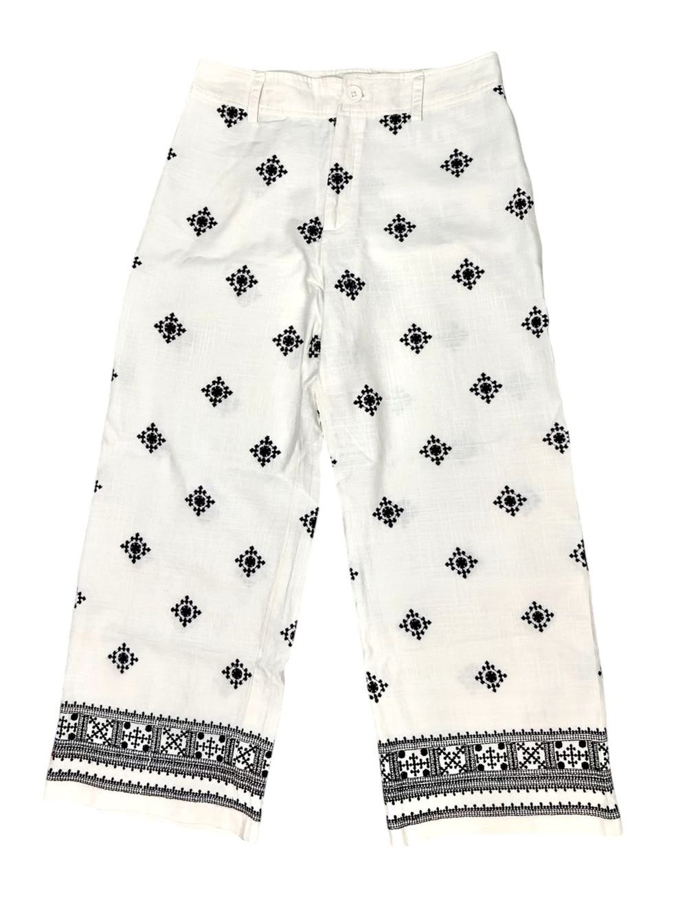 Elie Tahari Women’s Linen Blend Cropped Wide Leg Pants White Black Embroidered